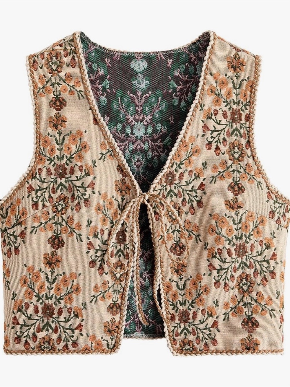 Floral Knit Tie-Front Vest in Beige and Green